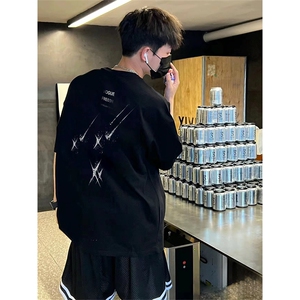 抖音得物供货210克现货宽松纯棉美式潮牌印花落肩袖纯棉T恤AT2174图片