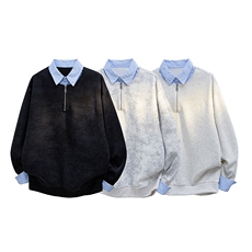 新款假两件条纹拉链衬衫领休闲春款卫衣高街休闲学院卫衣特P50，男装衬衫，电商B319