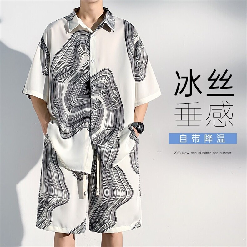 特批P35无差价夏季宽松垂感衬衫短裤男士新中式运动两件套装TZ068,男装休闲套装,电商A001