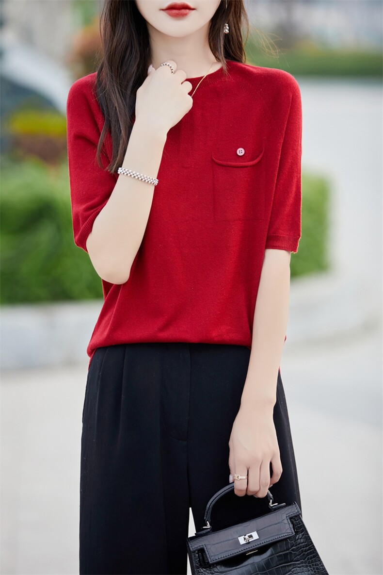 一线成衣精纺针织短袖T恤女圆领后背纽扣开叉宽松上衣显瘦打底衫,女装T恤,暖烁羊绒