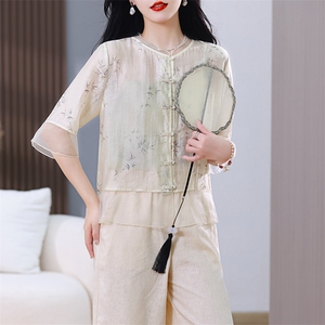 新中式衬衫女2024夏季新款高级感小衫蕾丝边盘扣中袖天丝洋气上衣图片