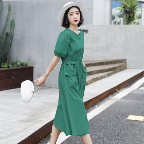 2021新款夏季连衣裙女泡泡袖圆领大口袋长裙收腰显瘦,女装连衣裙,瑶迪依秀