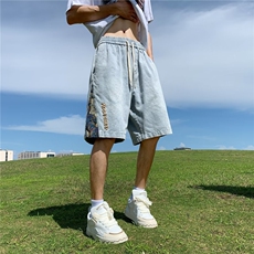 短裤男夏季新款潮牌痞帅拼接刺绣牛仔短裤潮流宽松直筒休闲五分裤，男装牛仔裤，星座1013