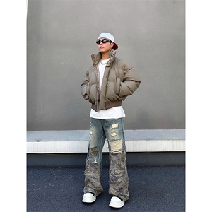 现货5W件冬季三防重磅硬挺boxy短款羽绒立领PU皮棉衣外套加厚棉服,蓝色毛衣男搭配什么裤子图片