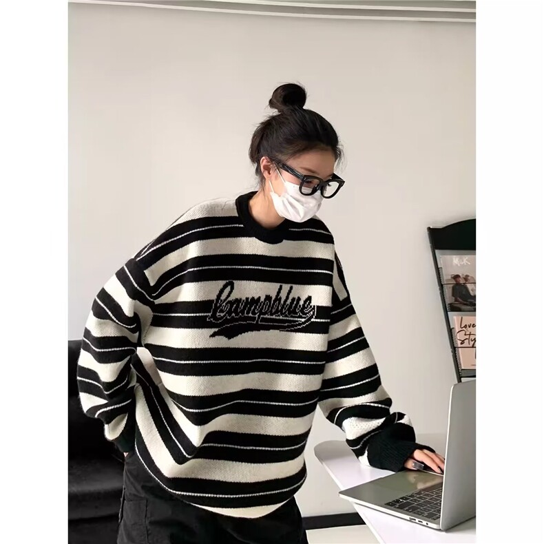 美式复古秋冬季字母圆领毛衣男慵懒风高级感潮牌情侣装针织衫外套,男装针织衫/毛衣,星座516A