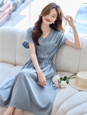 莱赛尔气质V领连衣裙女2025夏季新款抽绳收腰显瘦中长款漂亮裙子，女装连衣裙，简韵佳
