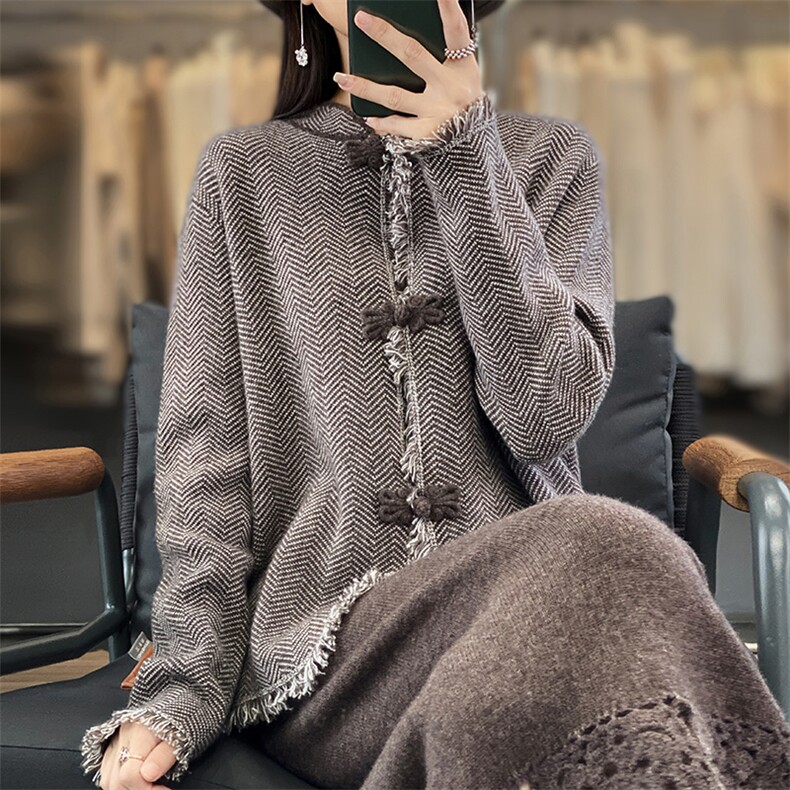 2025新款复古100%纯羊毛开衫女国风盘扣流苏针织羊绒外套宽松毛衣,女装羊毛衫,江南羊绒