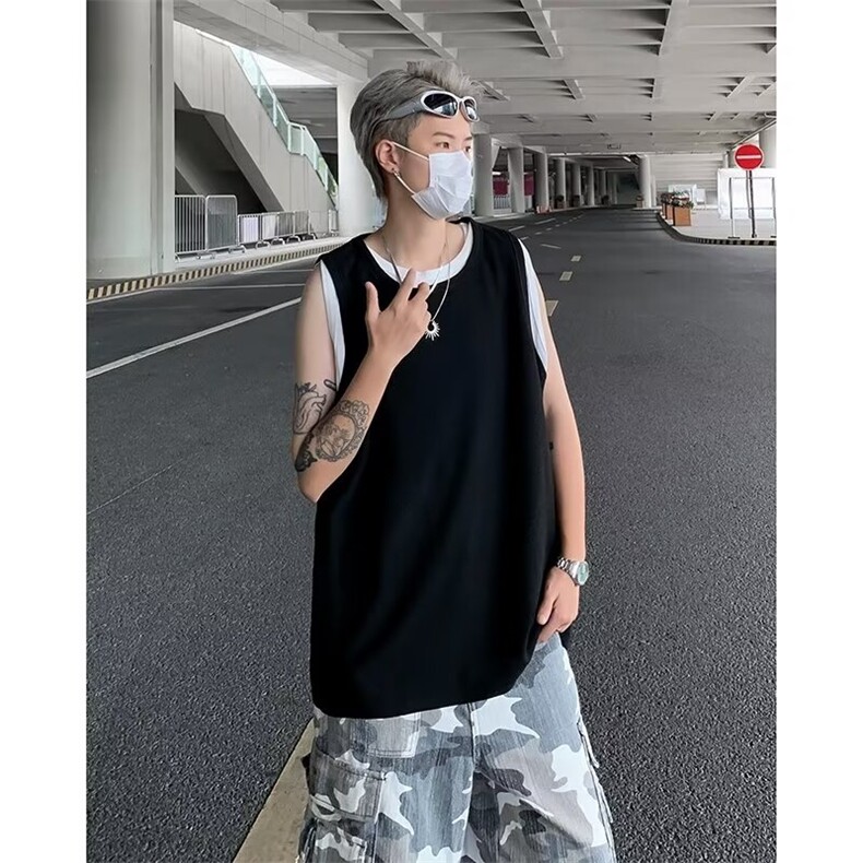 假两件背心男女韩版潮流灰色百搭宽松2024夏季ins帅T恤ST451-P26,男装背心/马甲,星座412-2
