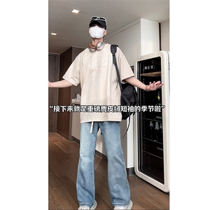 T2332 特P25 控39 高品质麂皮绒短袖钢印宽松大码T恤男图片