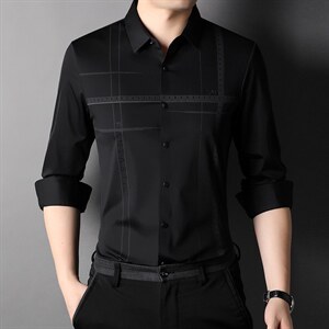 男士薄款长袖衬衫秋季2023新款中年无痕纯色商务休闲衬衣免烫上衣图片