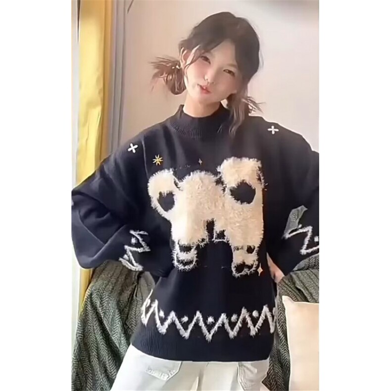 秋冬小众高级感毛衣女宽松氛围感圆领套头针织衫上衣M7605,男装针织衫/毛衣,星座1116A（原606A-3）