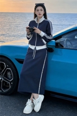 高级时尚休闲套装女春季订珠拼接色拉链开衫卫衣长半身裙两件套潮，女装套装/套裙，江南