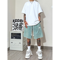港风纯棉320G重磅水洗做旧发泡印花短裤A014-DY25089-P40控58，男装休闲裤，电商A014