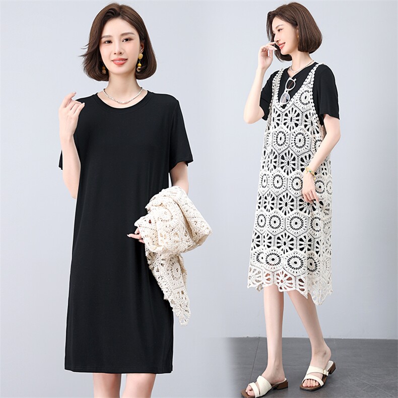 经典简约夏季三醋酸连衣裙女气质透气显瘦短袖中长款宽松裙，女装套装/套裙，江忆布依