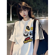 抖音得物高品质二开240克宽松纯棉美式潮牌三条杠织带短袖T恤，男装T恤，电商A486-1
