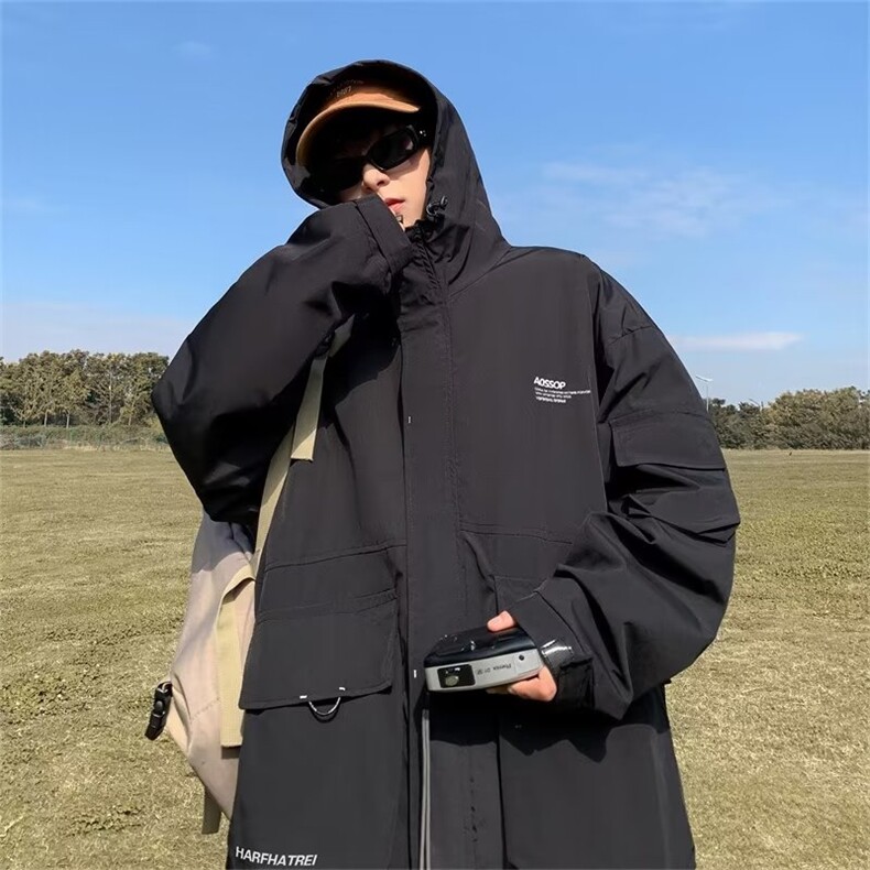 美式工装外套男春秋冬季潮牌高街痞帅大码机能连帽冲锋衣XW15P55图片