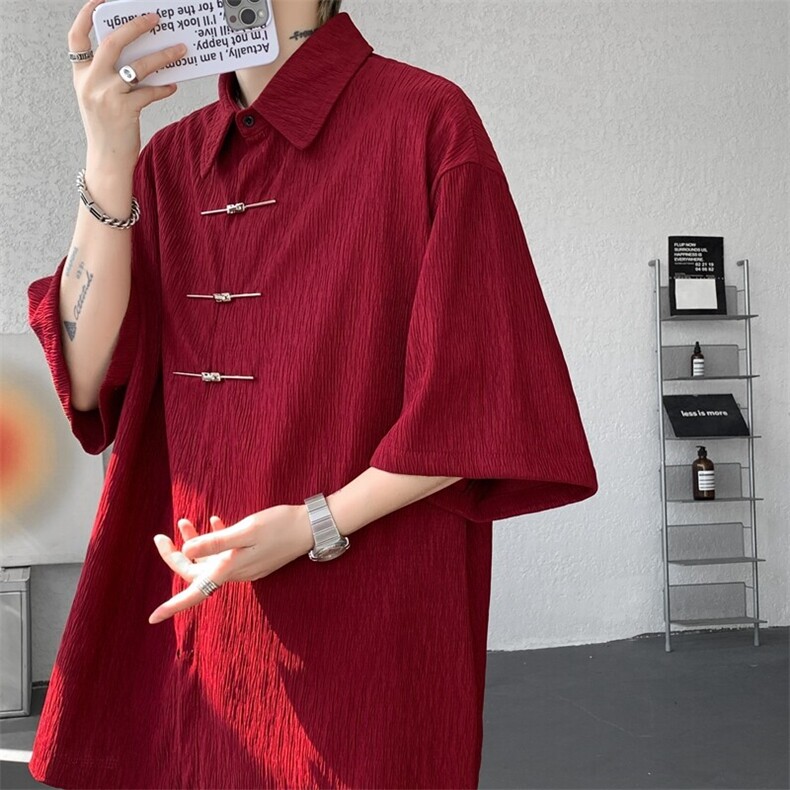 手缝飞机扣新中式冰丝短袖衬衫大码高级感唐装衬衣外套DC5009/P50，男装衬衫，电商B238