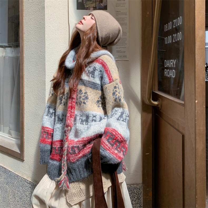 无图案宽松型开衫款开衫毛衣中长款格子秋冬加厚针织时尚百搭复古，女装针织衫/毛衣，浪娴服饰