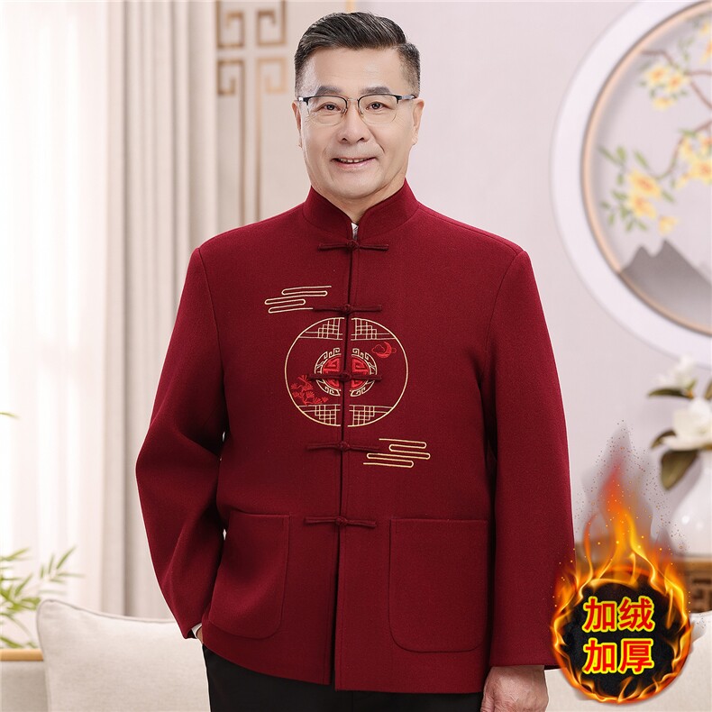 2025情侣加绒羊毛呢中老年唐装外套爸爸妈妈喜庆生日婚宴唐装外套图片