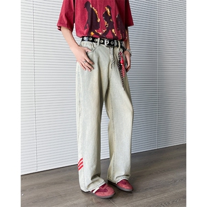 美式三条杠牛仔裤男cleanfit潮牌条纹设计感阔腿裤子N01139-P48图片