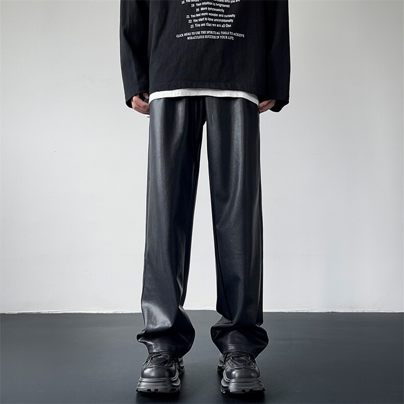 2直筒显瘦黑色PU皮皮裤宽松百搭阔腿裤男女XZ211-1-K2349-P65，男装皮裤，星座211-1