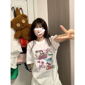 T536-P25 童趣手绘涂鸦卡通印花短袖 纯白学生宽松T恤图片