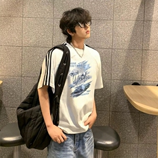 抖音得物高品质二开240克宽松纯棉美式潮牌三条杠织带短袖T恤，男装T恤，电商A486-1