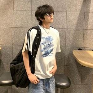 抖音得物高品质二开240克宽松纯棉美式潮牌三条杠织带短袖T恤图片