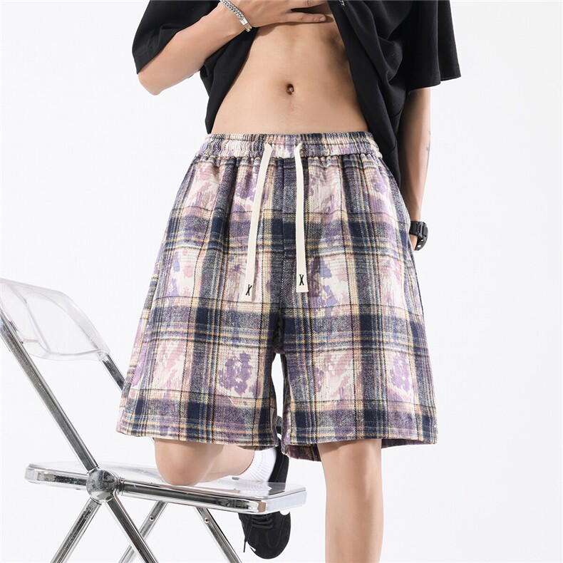 2026春装新款美式扎染格子短裤五分裤男潮流K9902/特P25紫色2,男装牛仔裤,电商A094