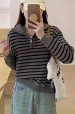 慵懒风条纹POLO翻领长袖卫衣女秋季韩版宽松休闲半拉链上衣，女装针织衫/毛衣，萱芳婷羊绒