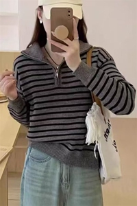 慵懒风条纹POLO翻领长袖卫衣女秋季韩版宽松休闲半拉链上衣图片