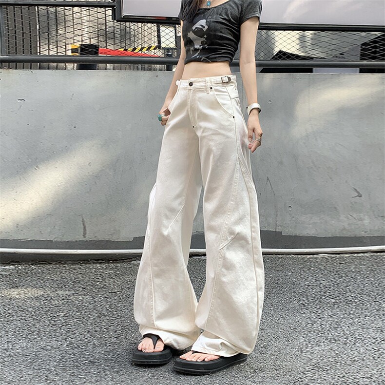 美式复古白色弯刀牛仔裤男女拼接宽松阔腿cleanfit裤子YD9017-P70,男装牛仔裤,星座509