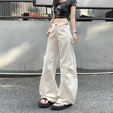美式复古白色弯刀牛仔裤男女拼接宽松阔腿cleanfit裤子YD9017-P70，男装牛仔裤，星座509