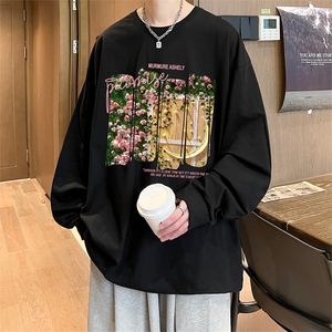 直播品质 秋冬重磅潮牌嘻哈美式印花纯棉长袖T恤打底衫CT391特P28图片