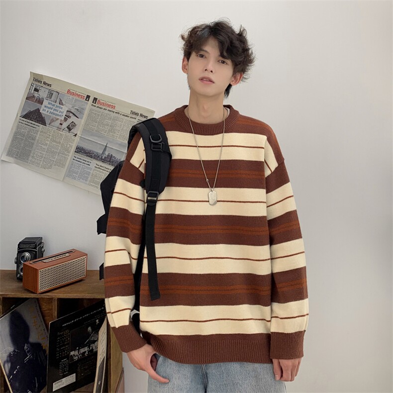 秋季新款港风vibe潮流条纹套头圆领毛衣insXZ608-M2155-P60控78,男装针织衫/毛衣,星座608(原A046)