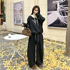 灰色复古针织立领拼接卫衣套装女2026冬韩系休闲运动阔腿裤两件套，女装套装/套裙，2C159
