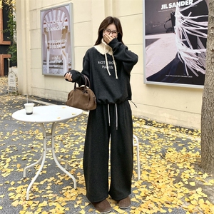 灰色复古针织立领拼接卫衣套装女2026冬韩系休闲运动阔腿裤两件套图片