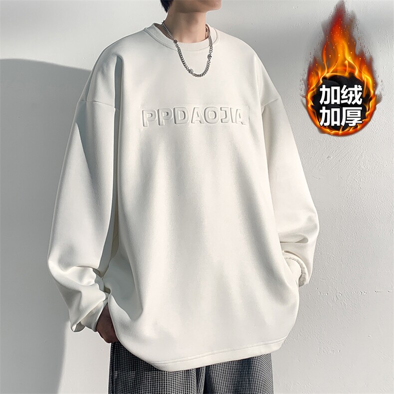 麂皮绒ins宽松卫衣男复古潮牌字母钢印打底衫W26626J加绒-P55控78，男装T恤，电商A001
