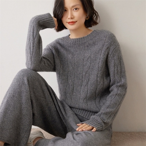 高端加厚~绞花山羊绒衫修身显瘦女式圆领毛衣秋冬灰色针织羊毛衫图片