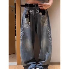 潮小众设计感印花链条做旧牛仔裤男秋季街头痞帅废土风泼墨阔腿裤，男装牛仔裤，四季星座505