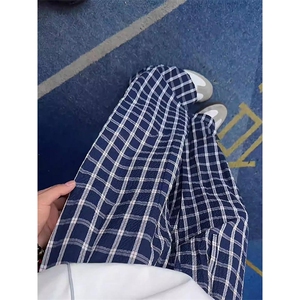 美式高街潮牌男女泡泡格子休闲裤直筒宽松慵懒显瘦阔腿休闲长裤子图片