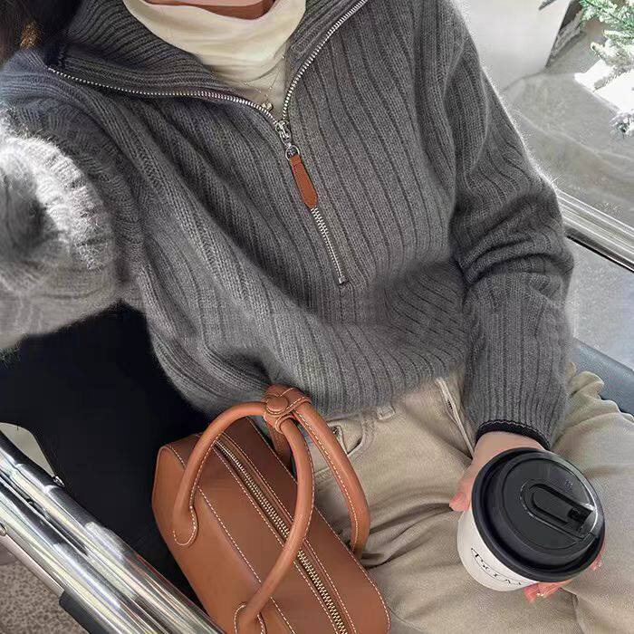 秋冬新款纯色高领半拉链时尚百搭，女装针织衫/毛衣，冀清阳荣