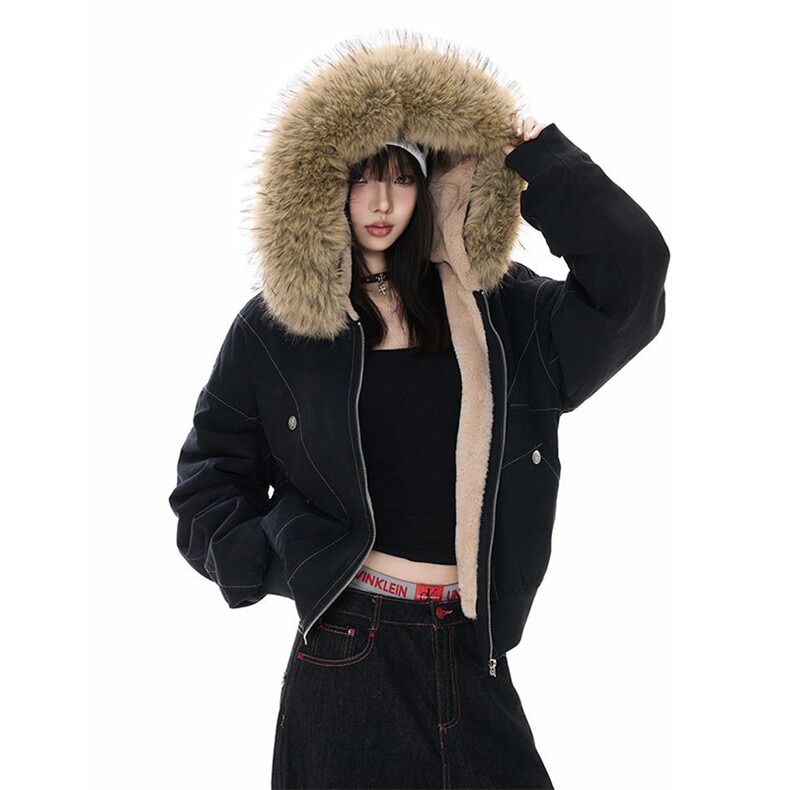 现货重磅boxy短款棉衣座山雕大毛毛领男女棉服水洗工装厚外套,男装棉衣,电商A486-1