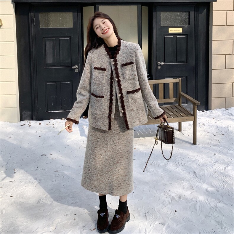 小香风拼接毛呢外套半身裙两件套女秋冬2025新款韩系chic气质套装,女装套装/套裙,2C032