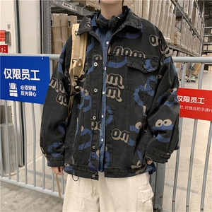 潮牌印花牛仔外套男士港风chic韩版宽松潮流春秋工装夹克8856-P65图片