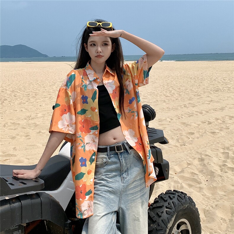 夏威夷风旅游短袖衬衫夏季情侣装潮流ins休闲沙滩花衬衫女图片