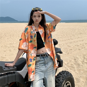 夏威夷风旅游短袖衬衫夏季情侣装潮流ins休闲沙滩花衬衫女图片