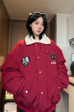 港风美式全刺绣带毛翻领酒红保暖棉服男女XZ213-MF06-P148控168，男装夹克，星座213