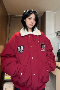 港风美式全刺绣带毛翻领酒红保暖棉服男女 XZ213-MF06-P148控168图片