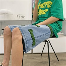 ins植绒刺绣牛仔短裤男潮牌水洗美式街头宽松直筒五分裤6602-p38，男装牛仔裤，星座1008-1